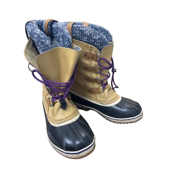 Sorel Joan of Arc Womans Tan Black Knit mid calf boots Sz 7 SKU 9565 - Picture 14 of 16